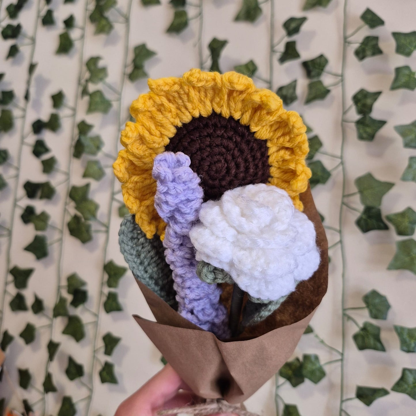Crochet Sunflower, Lavendar and White Rose Bouquet