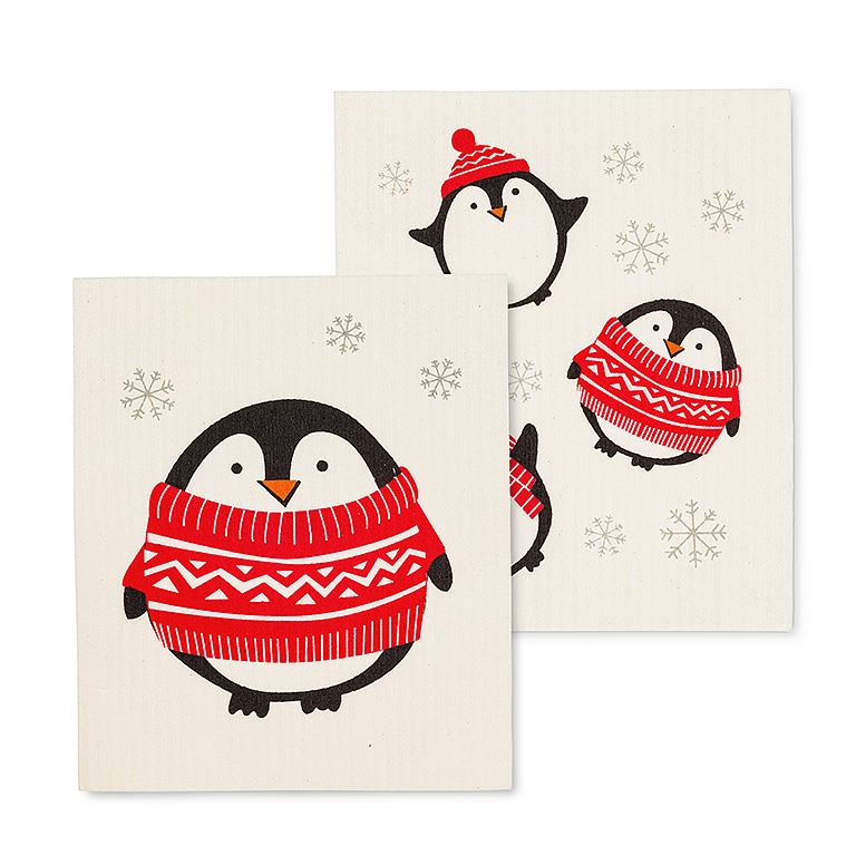 S/2 Holiday Penguin Dishcloth