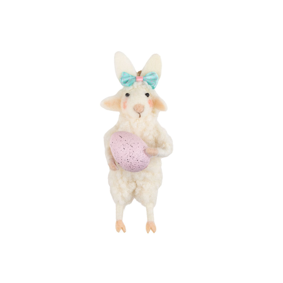 Felt lamb ornament with bunny ears, pale pink egg