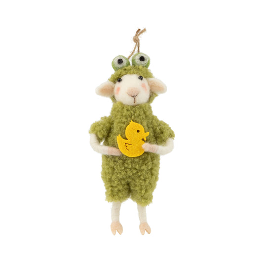 Felt lamb ornament, green with frog hat