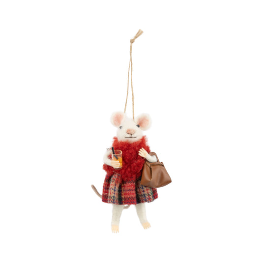 Felt mouse in red scarf and plaid skirt