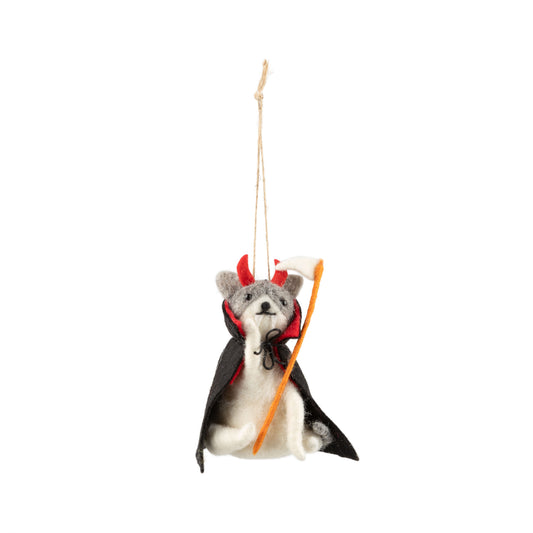 White felt dog in devil costume ornament