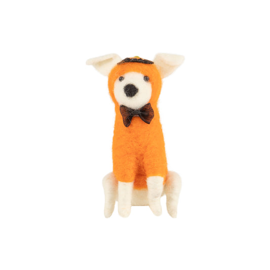 White Felt Dog in Pumpkin Costume