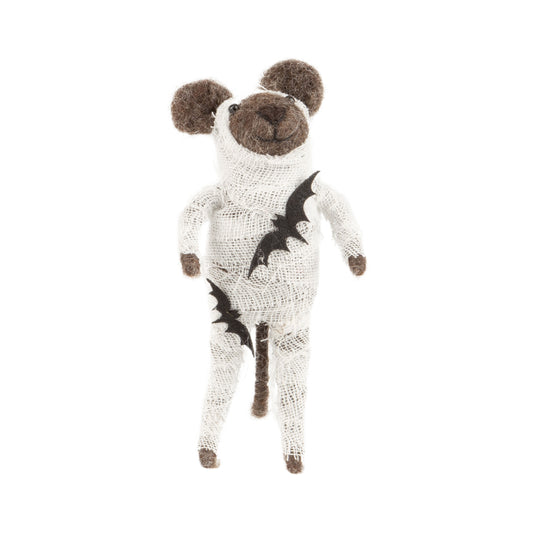 Grey felt mouse in mummy outfit ornamente