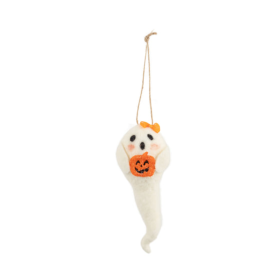 White felt ghost ornament with pumpkin