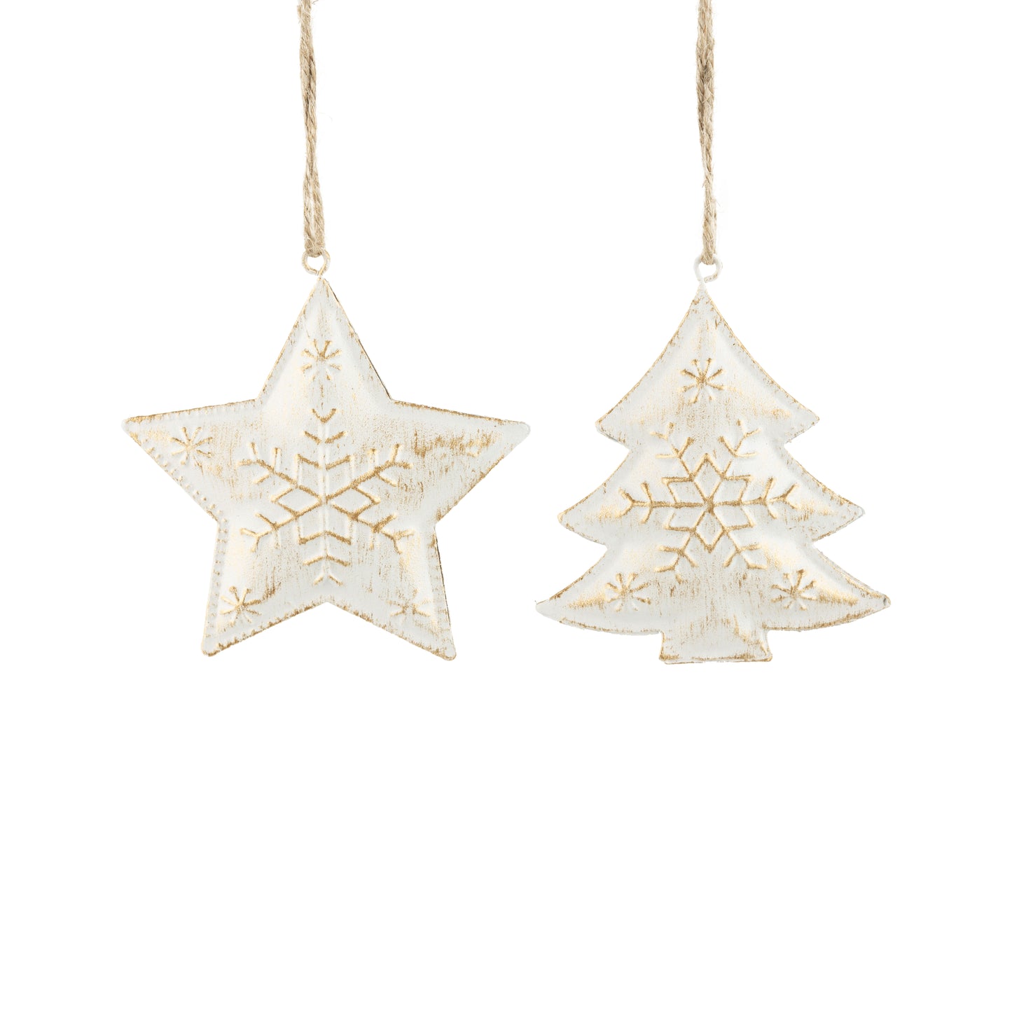painted metal embossed star and tree ornament