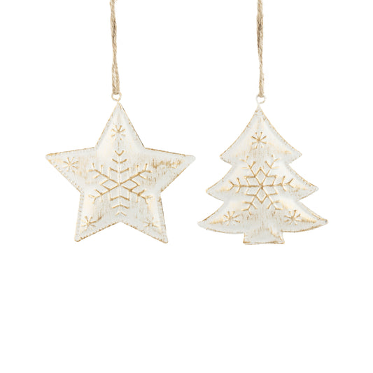 painted metal embossed star and tree ornament