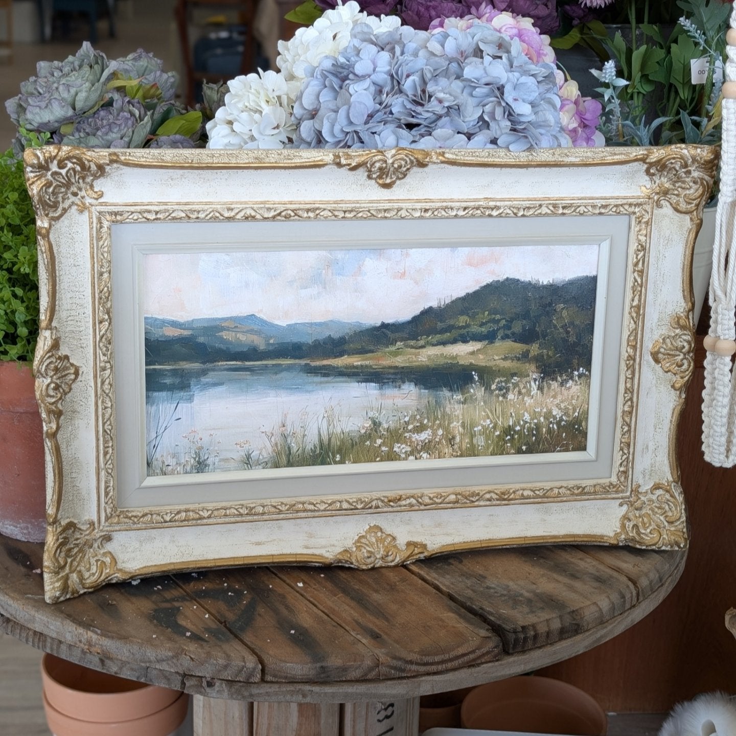 White / Gold Ornate frame with scenery print