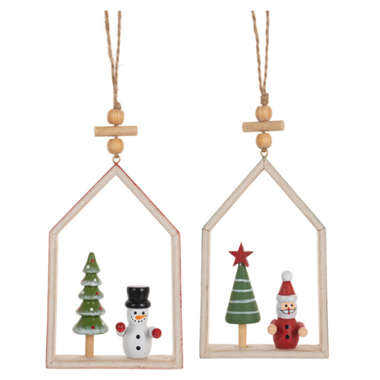 Santa & Snowman in House Ornament