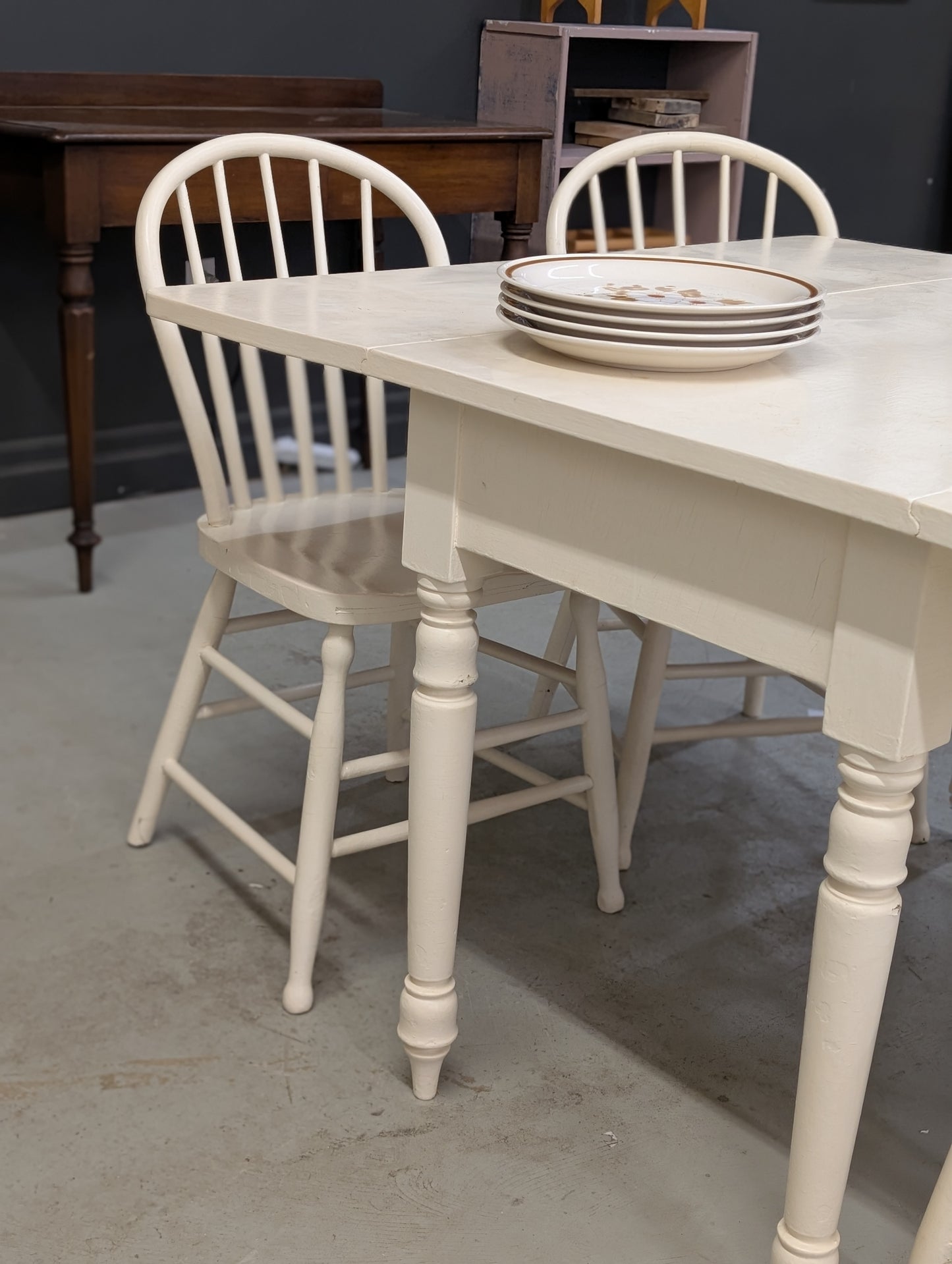 Painted white drop leaf table with 4 chairs