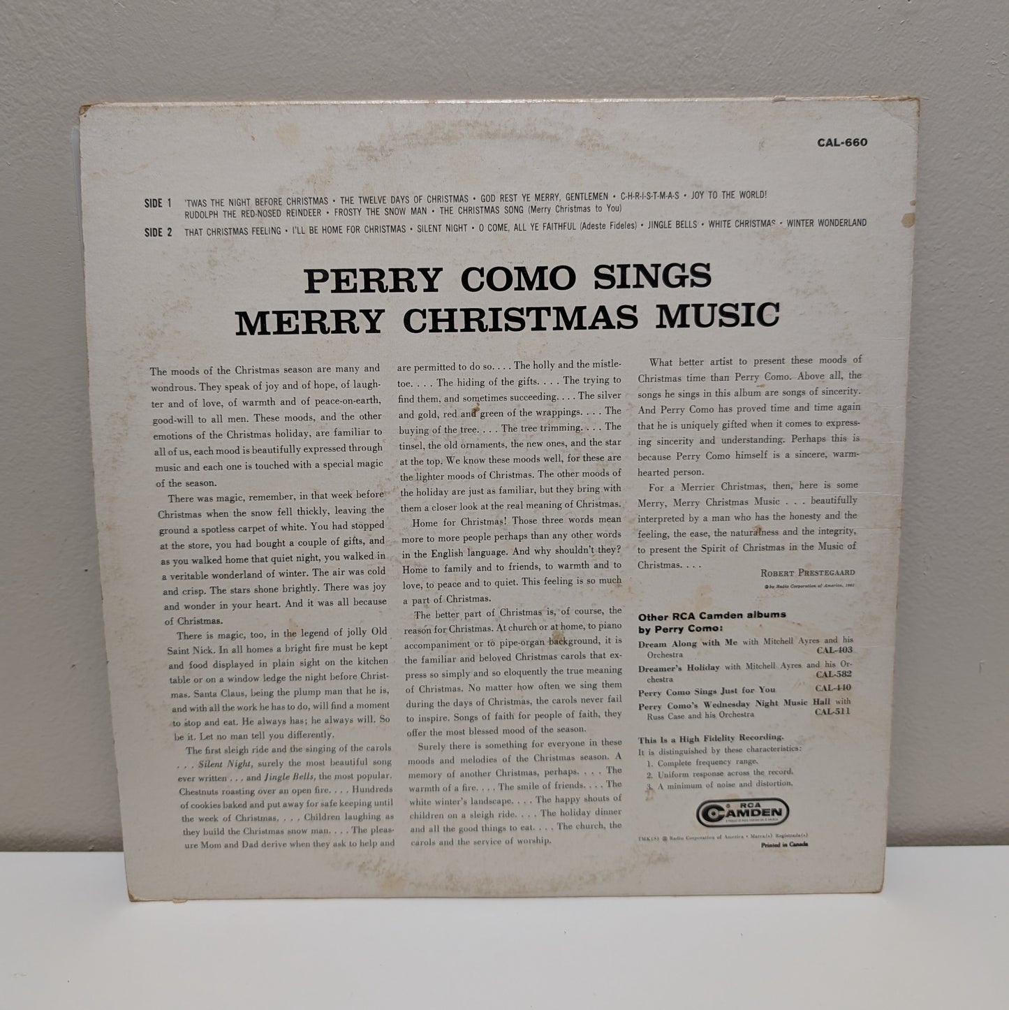 Perry Como Sings Merry Christmas Music LP
