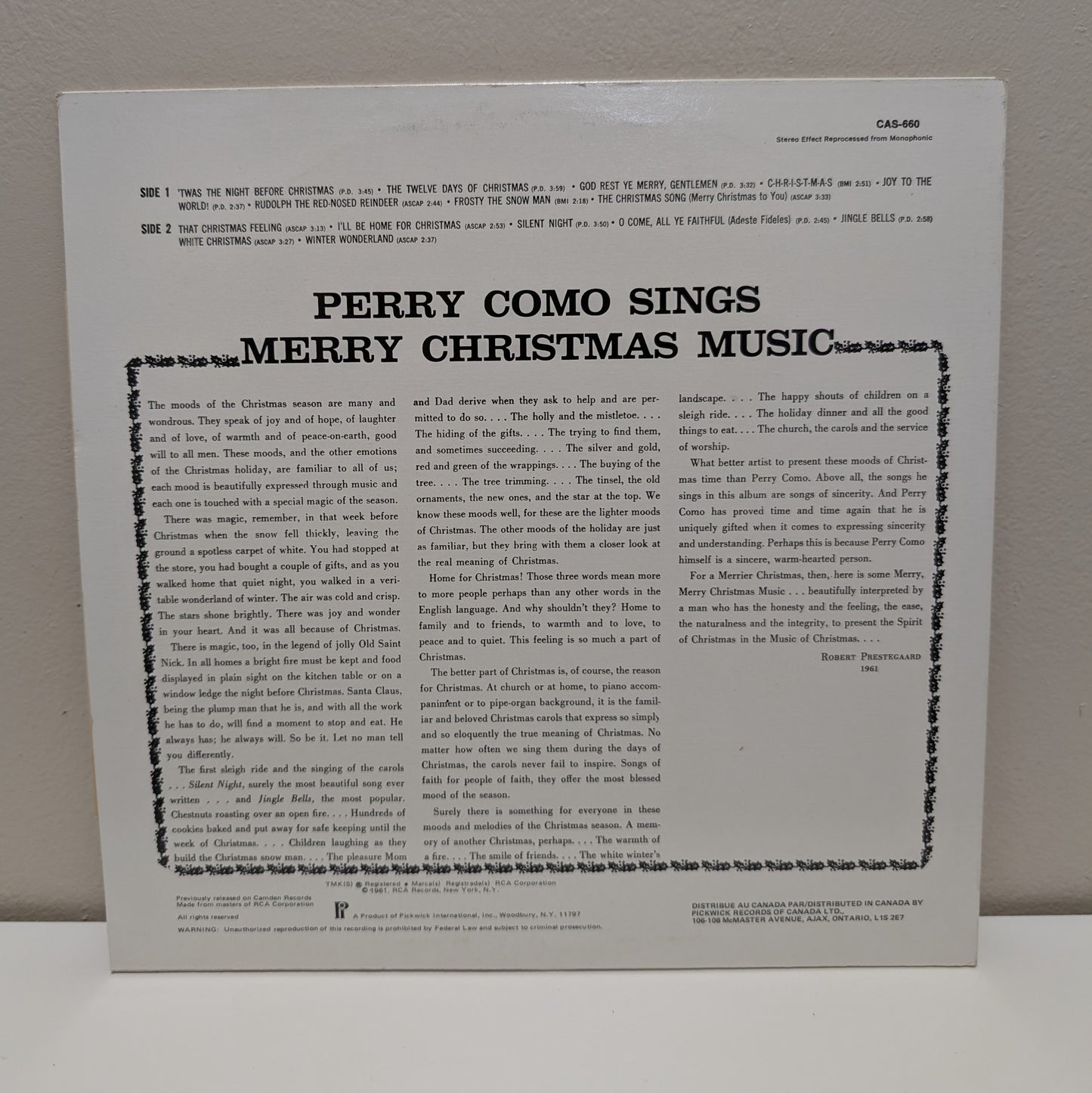 Perry Como Sings Merry Christmas Music (1978) LP