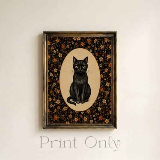 Black Cat in Fabric Oval Print