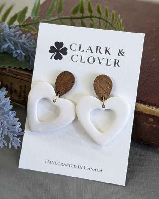 Wooden white heart dangle earrings