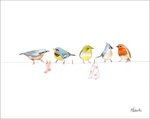 Birds on a clothesline Print 8x10