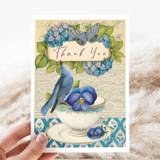 Thank You Card. Vintage Teacup, Pansy, Bird. Flowers.
