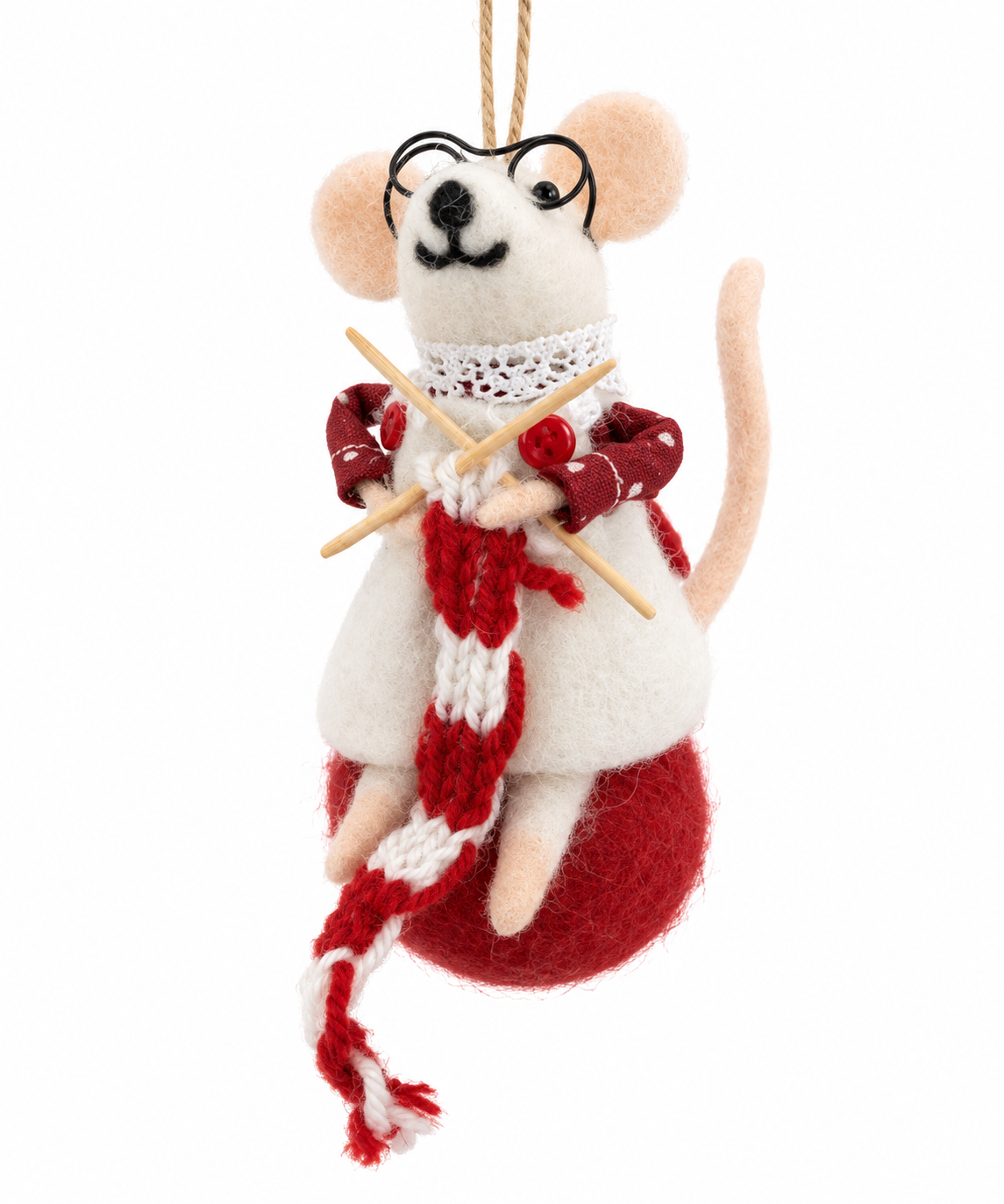 Felt knitting mouse with red outfit