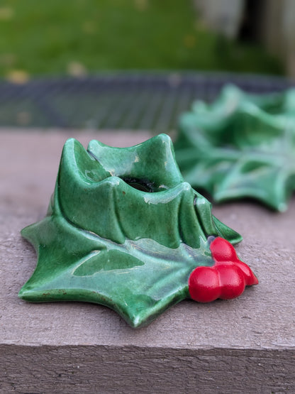Set of ceramic holly candle holder