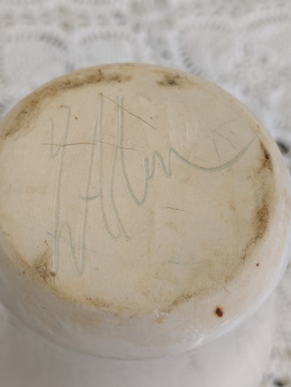 Handmade studio pottery vase with white glaze and blue/gray bands