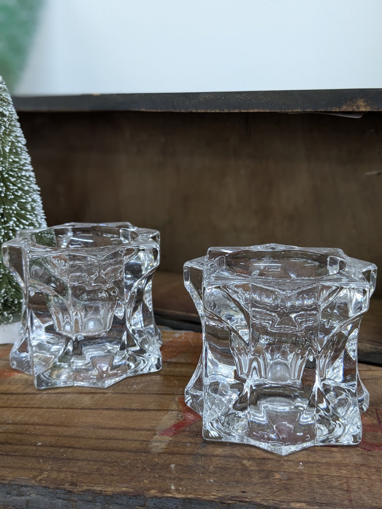 Set of glass candlestick holders starburst