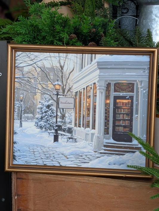 Winter bookstore framed print