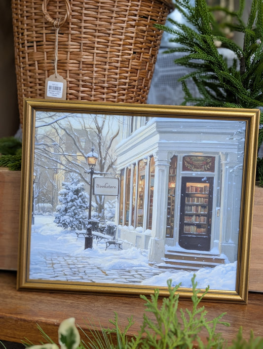 Winter bookstore framed print