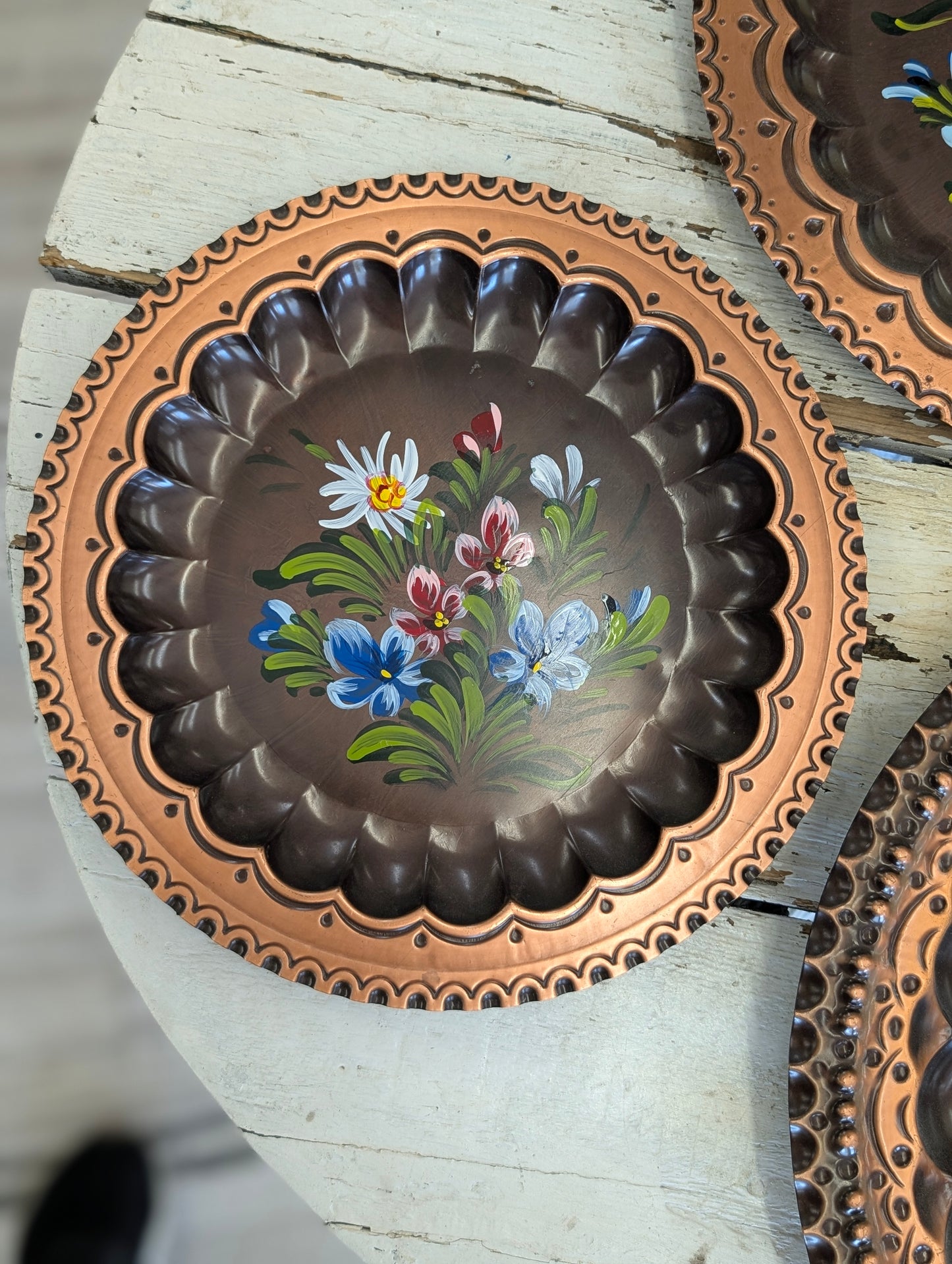 Set of 3 vintage hand-painted floral copper toleware plates