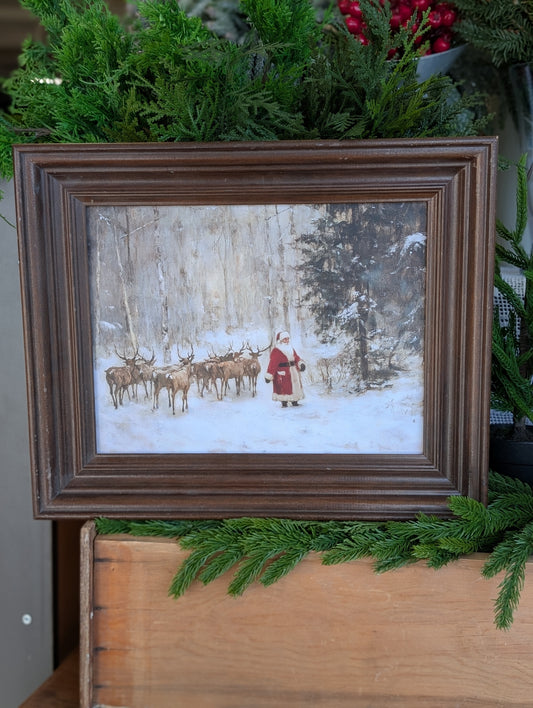 Santa in forest walking framed print