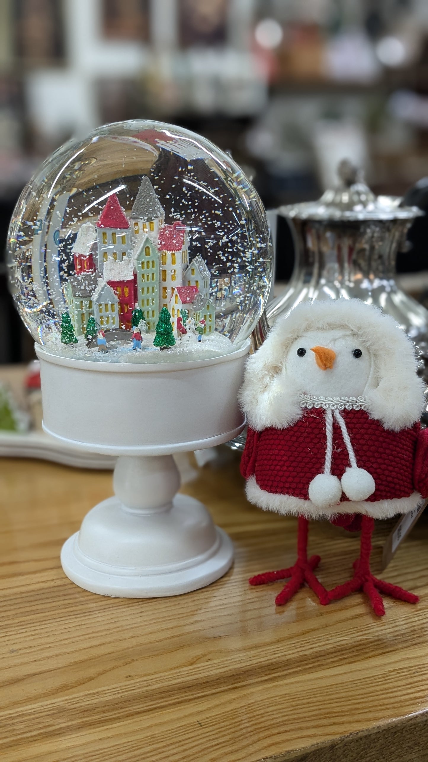 Christmas Snow Globe On Pedestal Stand