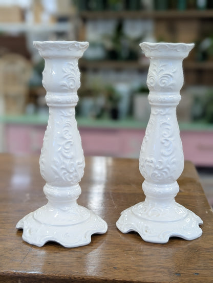 Set of white ceramic candle sticks