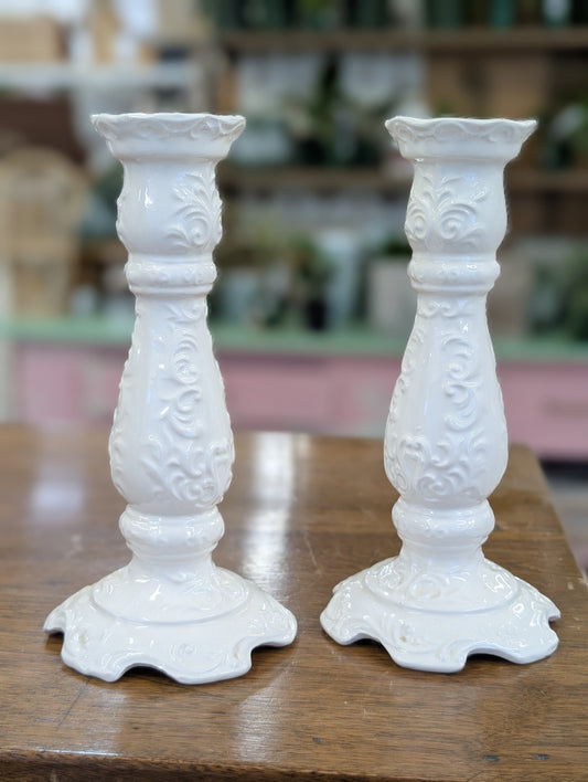 Set of white ceramic candle sticks