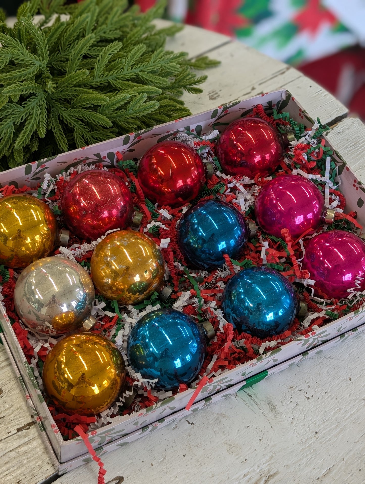 Box of vintage ornaments