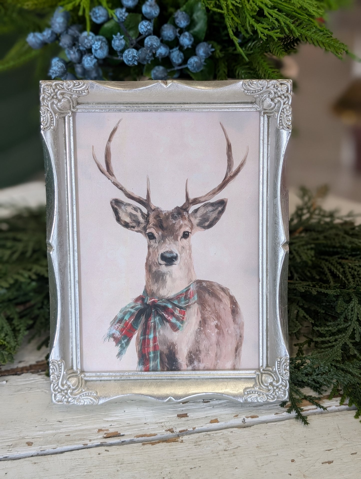 Deer in silver painted frame