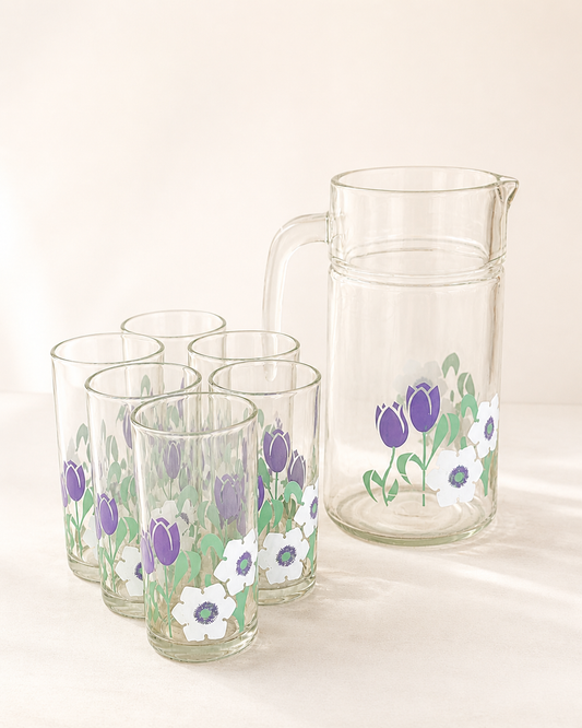 vintage glass pitcher and Six tumblers