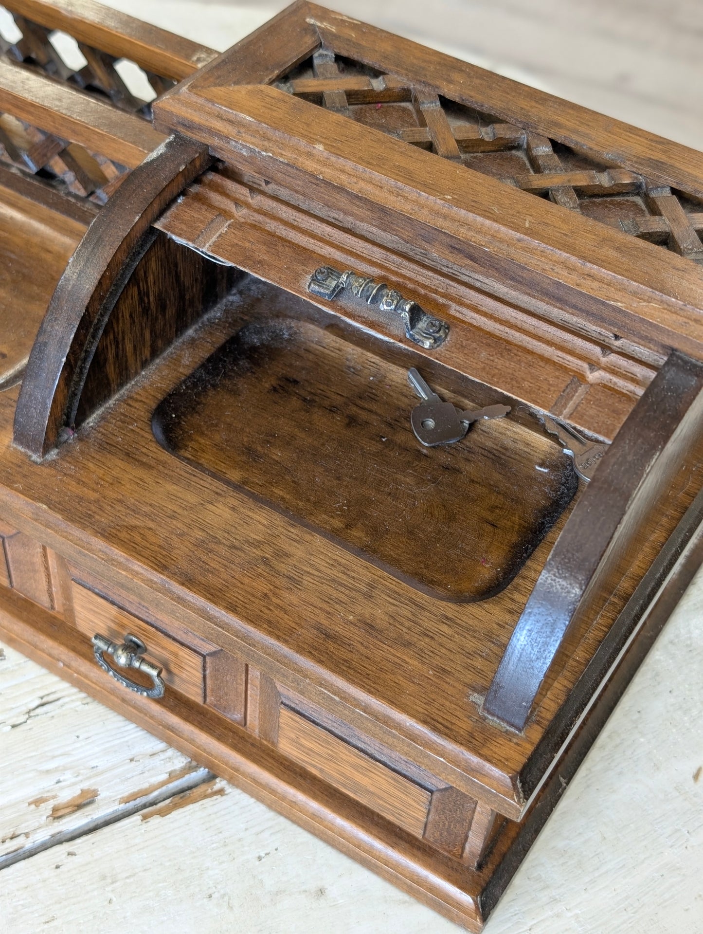 Vintage wooden desk organizer with roll-top and drawers