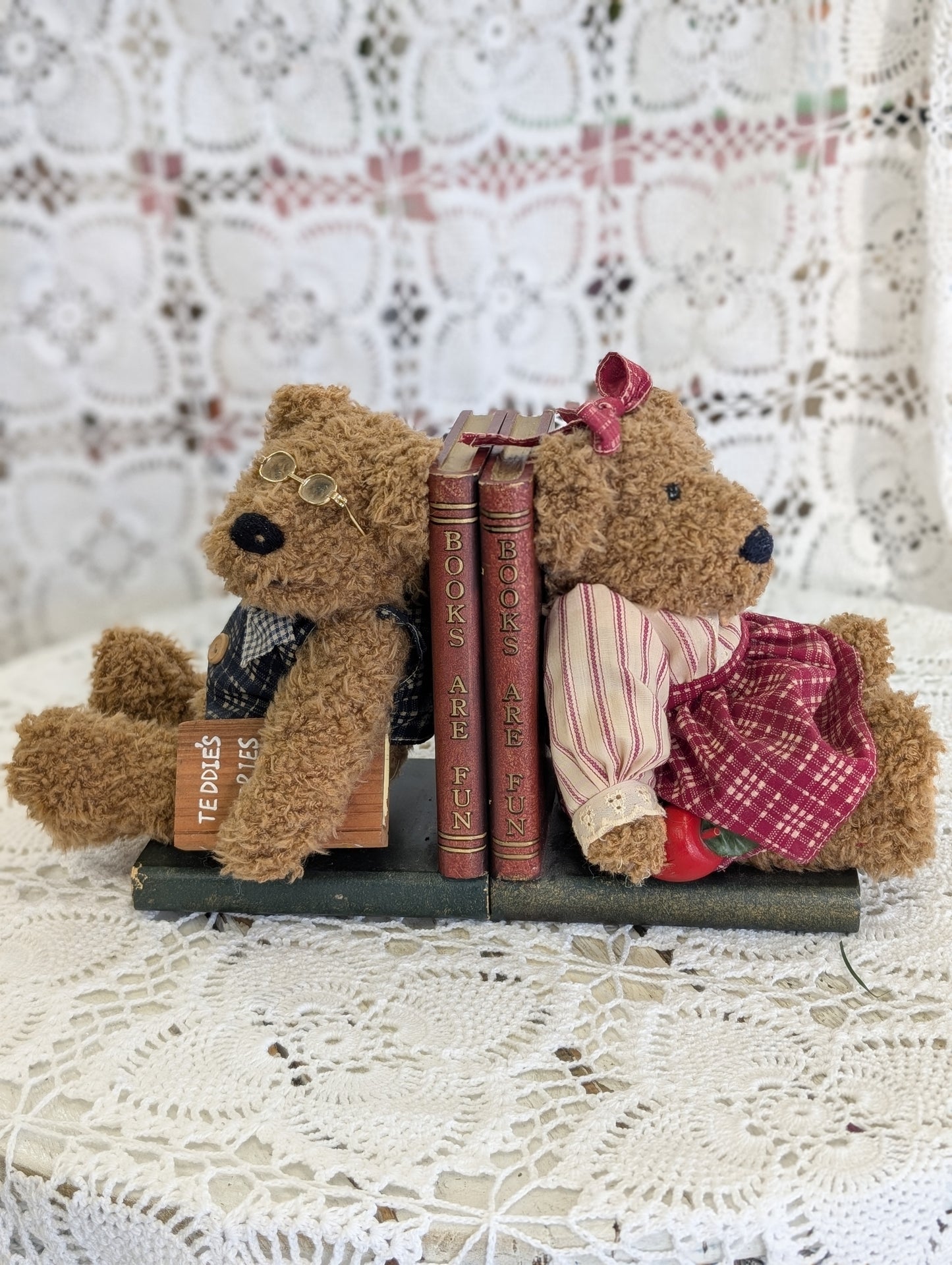 1980s teddy bear bookends with faux books