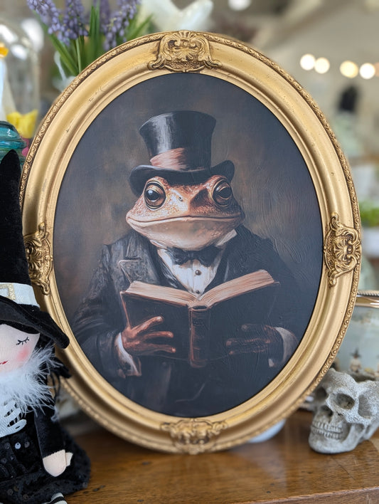 Reading frog Print in oval frame 11x17