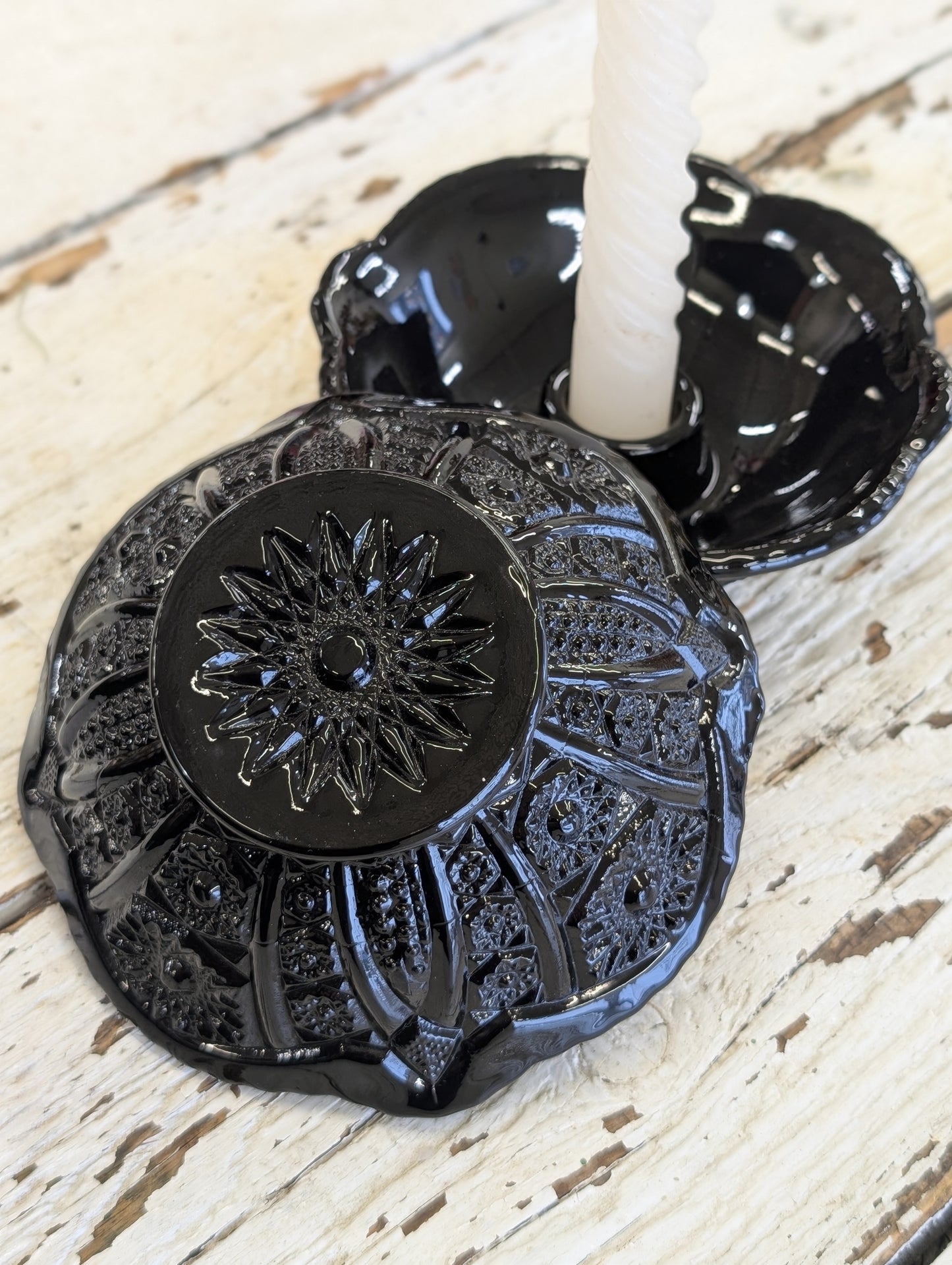 vintage Indiana Glass Tiara Paneled black glass candle holder