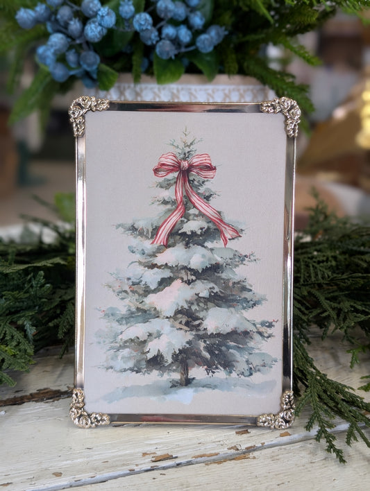 Winter tree with bow in silver frame