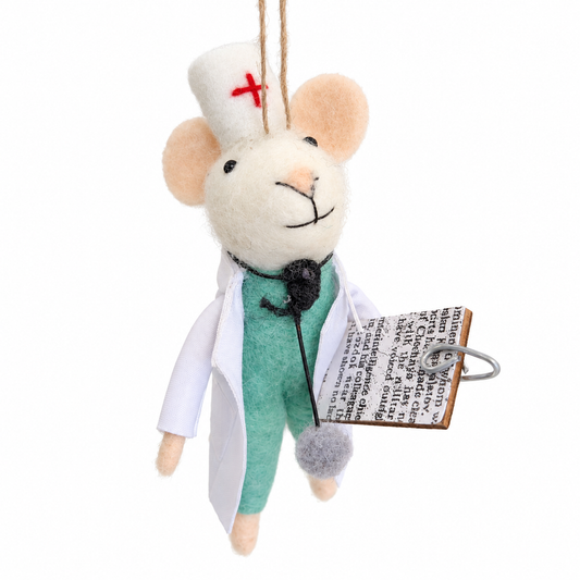 Felt mouse in lab coat ornament