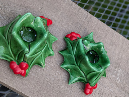 Set of ceramic holly candle holder
