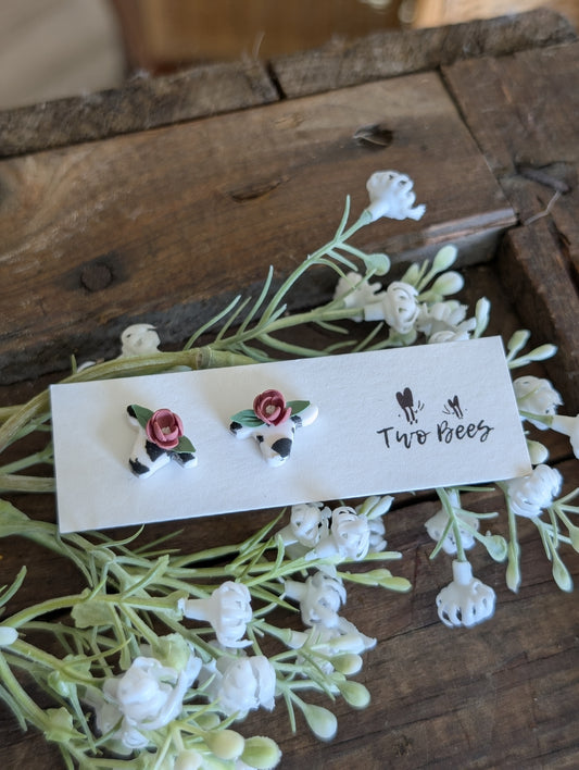 Floral Cow Stud Earrings