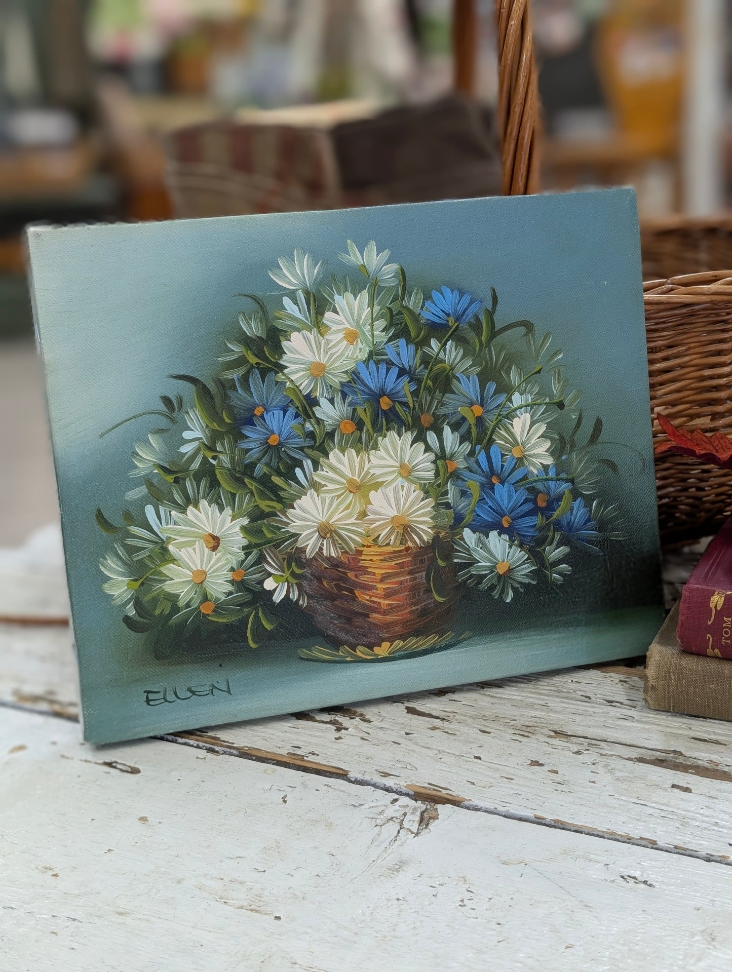White and blue flowers painting