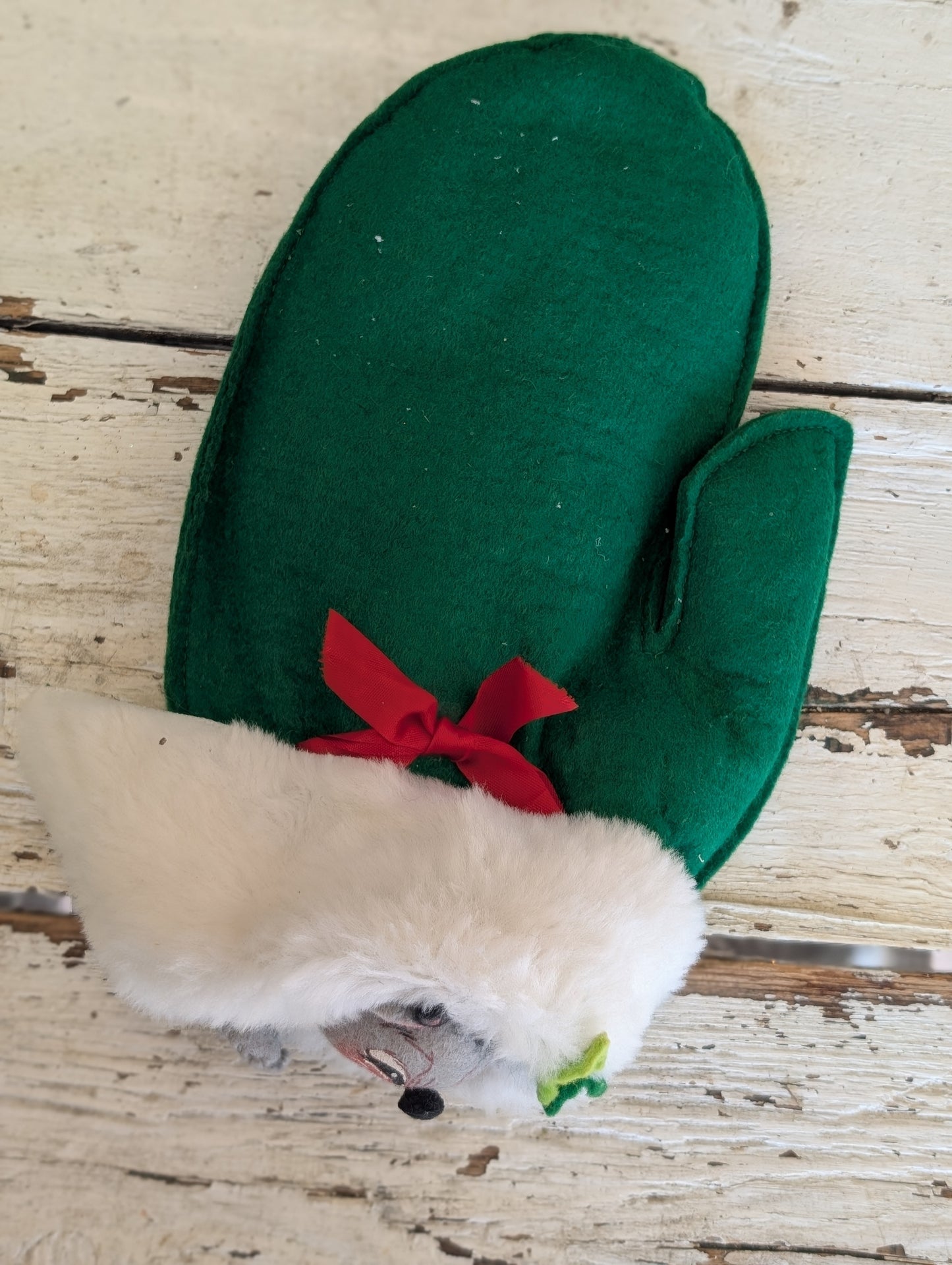 Mouse hiding in a green mitten