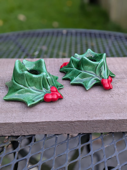 Set of ceramic holly candle holder