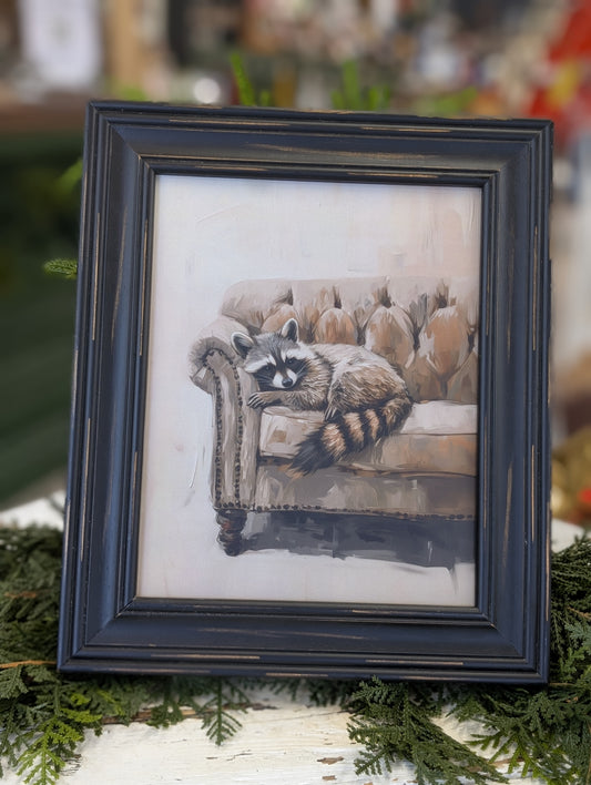 Sleeping raccoon framed print