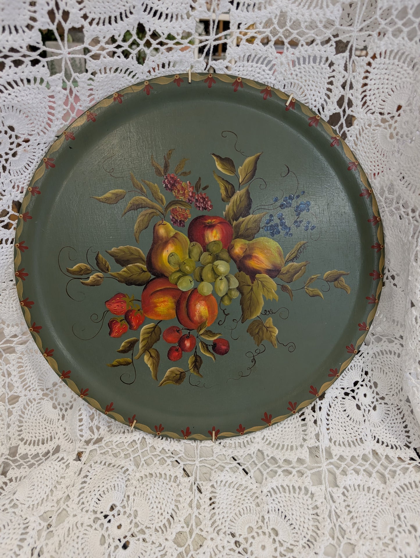 hand-painted toleware tray featuring a fruit still life