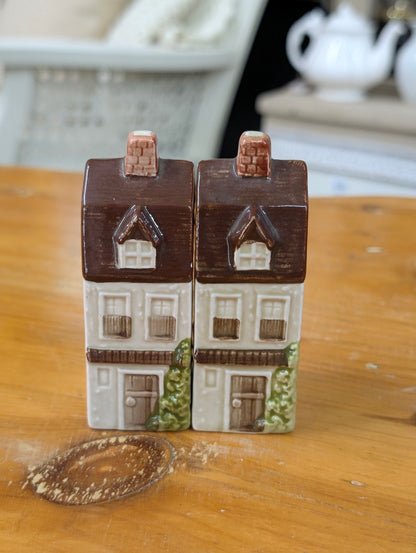 A pair of vintage Otagiri ceramic Victorian townhouse salt and pepper shakers