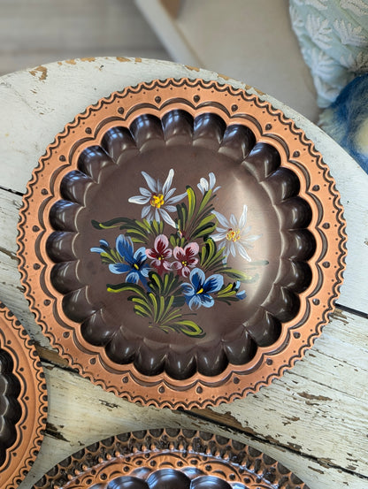 Set of 3 vintage hand-painted floral copper toleware plates