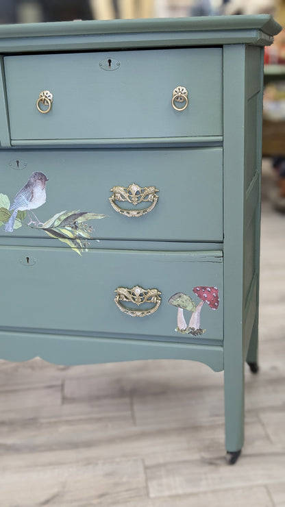 Painted dresser with mushrooms